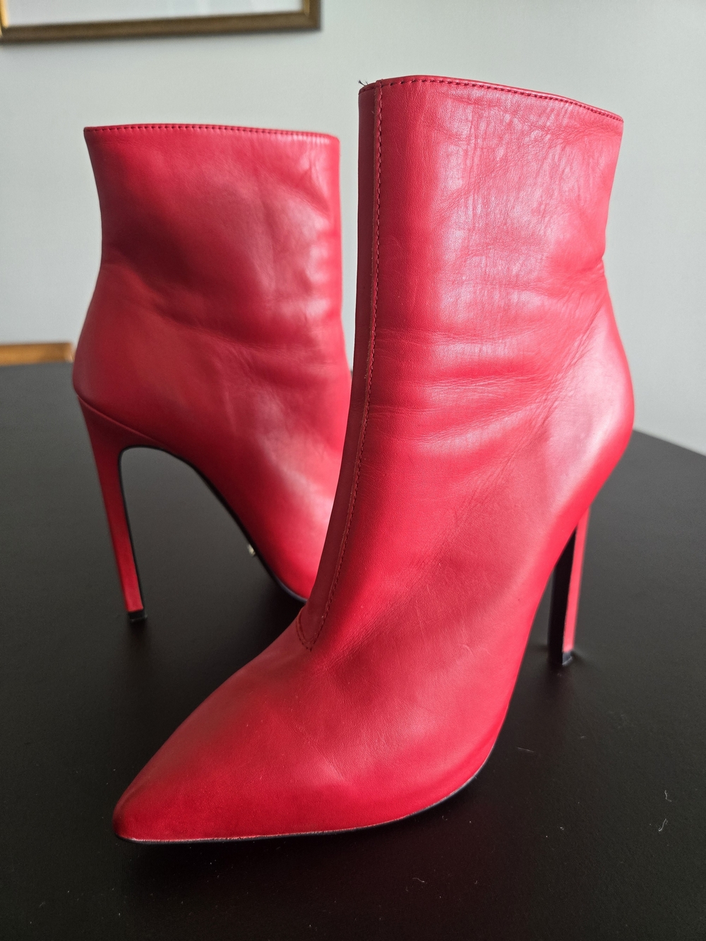 Tony Bianco Red Leather Stiletto Ankle Boots Pointed Toe Side Zip Size 7